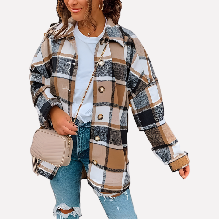 Stylish women's plaid jacket, a button-front shacket for casual fall fashion & layering.