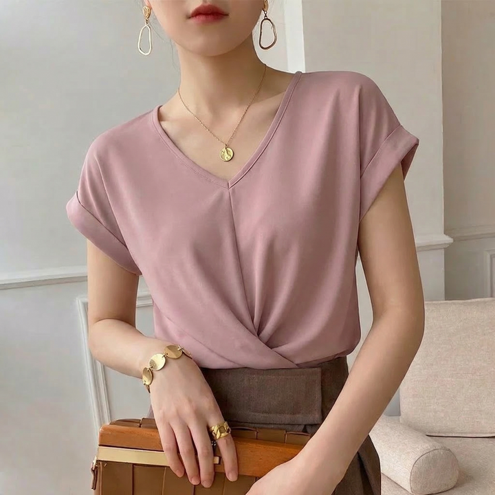 Pink Women's Twist Front V-Neck Top, featuring elegant short sleeves. Ideal for spring fashion & casual outfits.