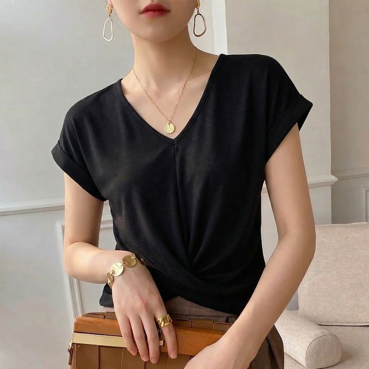 Green Elegant Twist Front V-Neck Top for women. Short sleeve summer top, perfect for versatile everyday style.