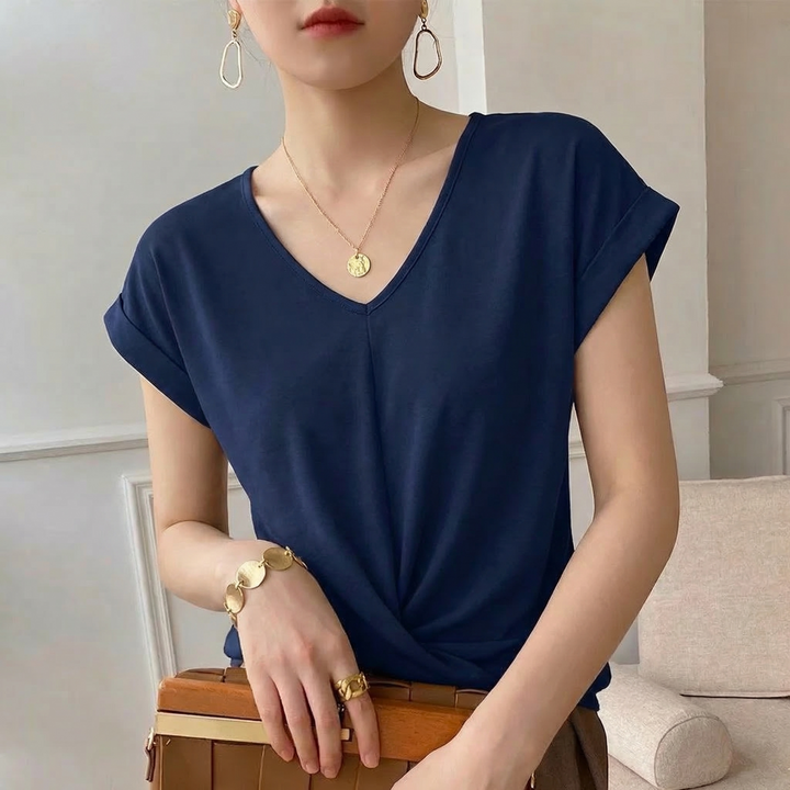 Blue Twist Front V-Neck Women's Top. Elegant & versatile short sleeve design for summer fashion & spring outfits.