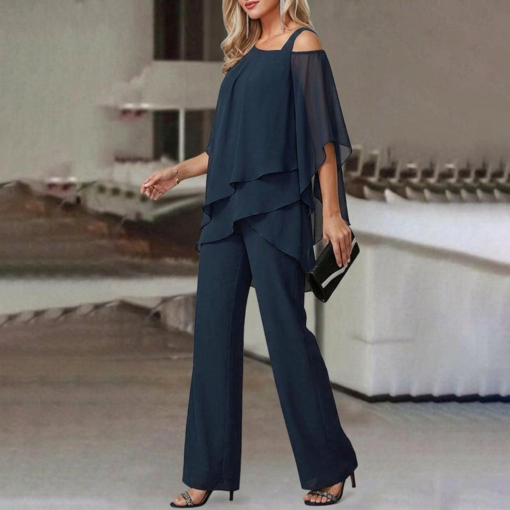 Versatile women's elegant two-piece set: asymmetric top & straight leg pants for chic office or evening wear.