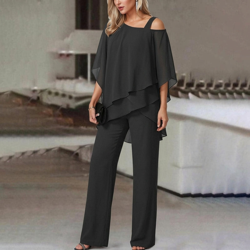 Coordinated women's fashion set featuring an elegant asymmetric top and comfortable straight leg pants.
