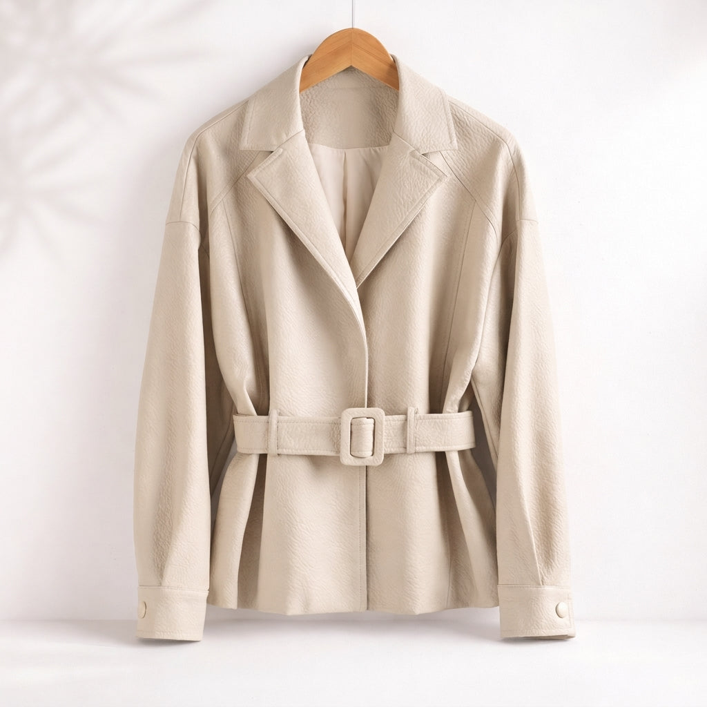 Elegant cream tailored winter jacket for women, luxurious and warm outerwear, perfect for a chic fitted look.