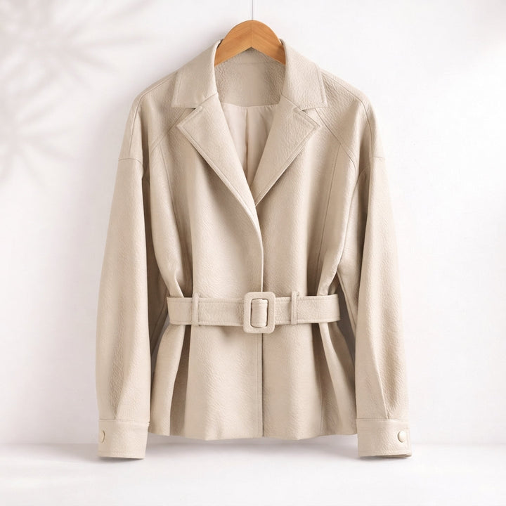 Elegant cream tailored winter jacket for women, luxurious and warm outerwear, perfect for a chic fitted look.