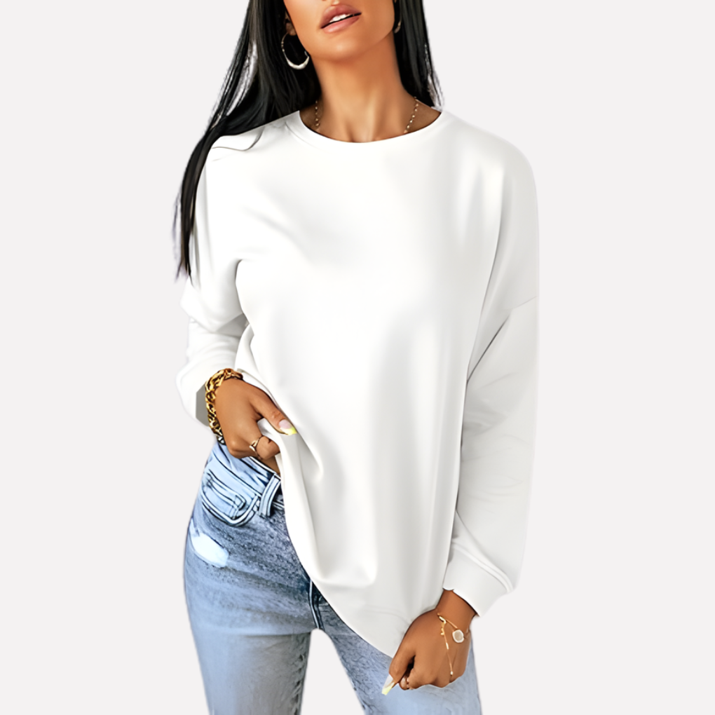Ladies' casual long sleeve crew neck sweatshirt, relaxed fit, great for fall fashion.