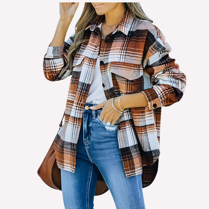 Fall/winter women's plaid shacket, relaxed fit casual outerwear & chic layering piece.