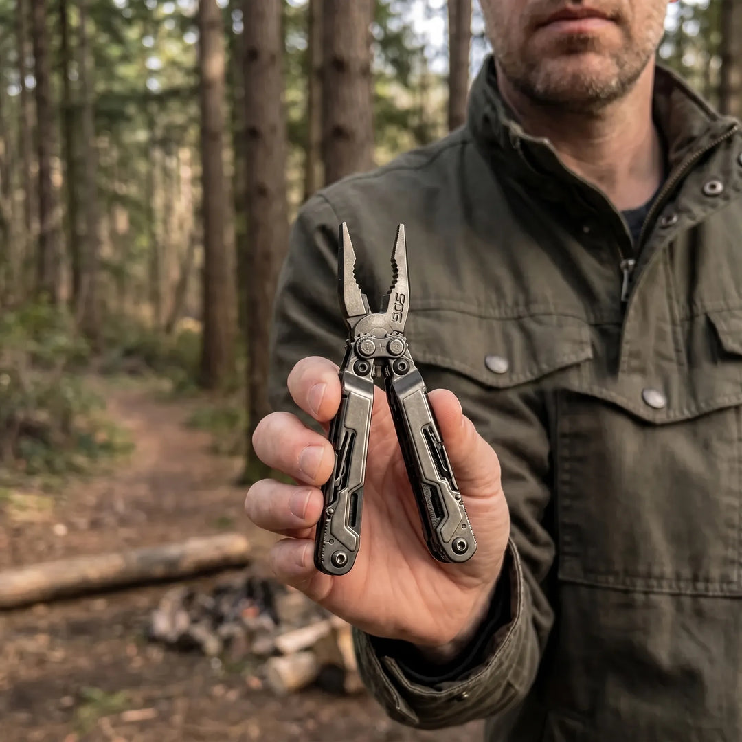 Men's 18-function folding multi-tool pliers for everyday carry, camping, and hiking.
