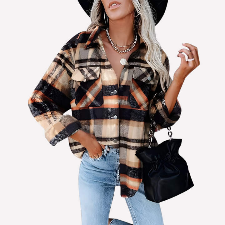 Women's plaid shacket, a versatile long sleeve top, perfect for stylish layering & casual wear.