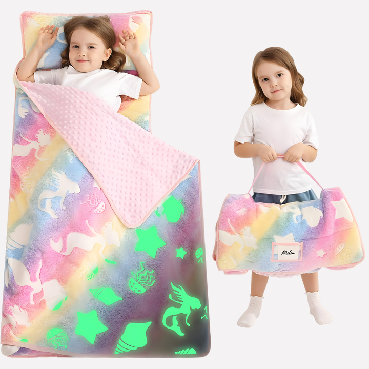 Roll-up toddler nap mat with soft pillow & blanket, designed for kids' naptime comfort at daycare or home.