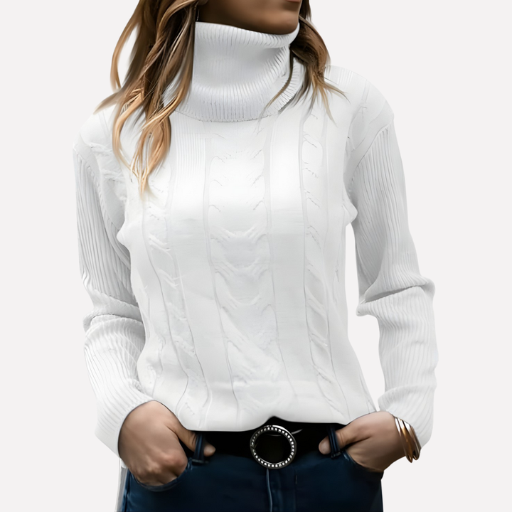 Stylish women's pullover sweater with a cozy turtleneck, a winter fashion essential.