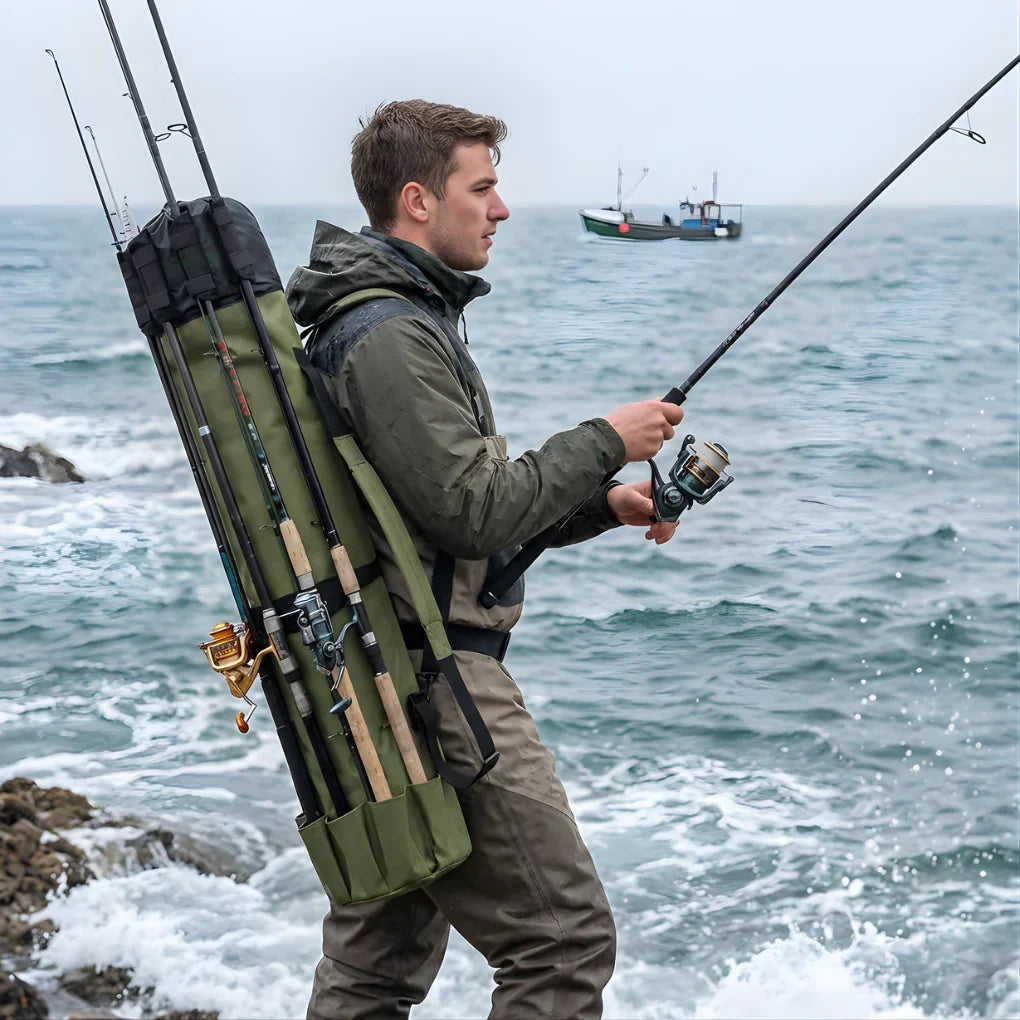 Durable fishing rod storage case with multiple compartments to organize and protect angler's fishing gear.