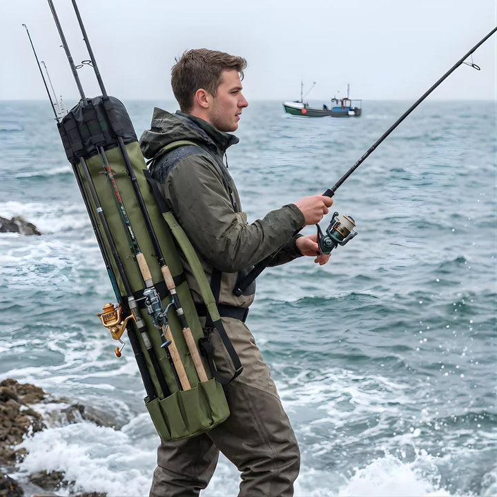 Durable fishing rod storage case with multiple compartments to organize and protect angler's fishing gear.