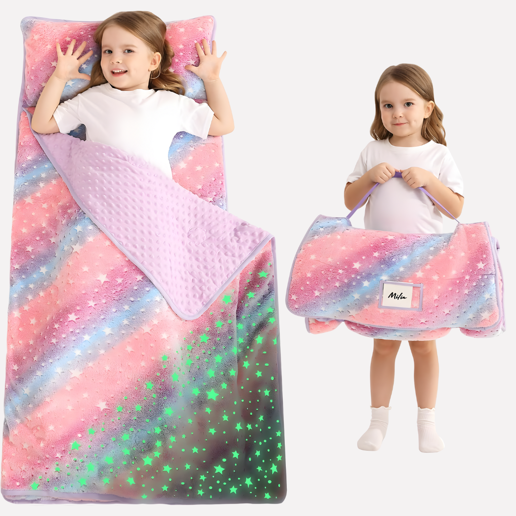 Toddler nap mat, kids blanket & pillow combo. Essential portable bedding for preschool, daycare & travel.