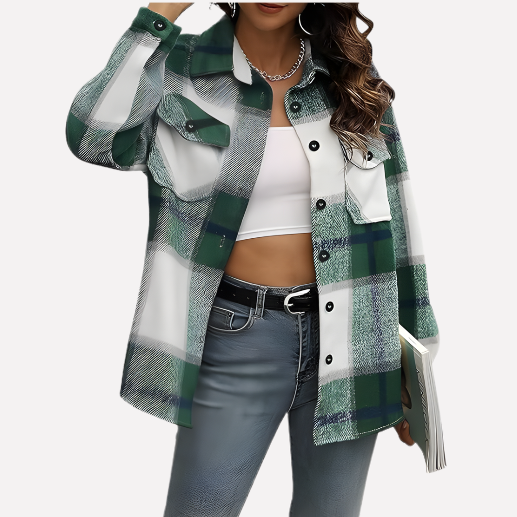 Effortless plaid shacket for women, a relaxed fit button-front jacket & fall fashion top.