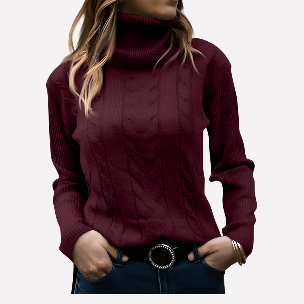 Warm casual women's long sleeve turtleneck sweater, great for layering.