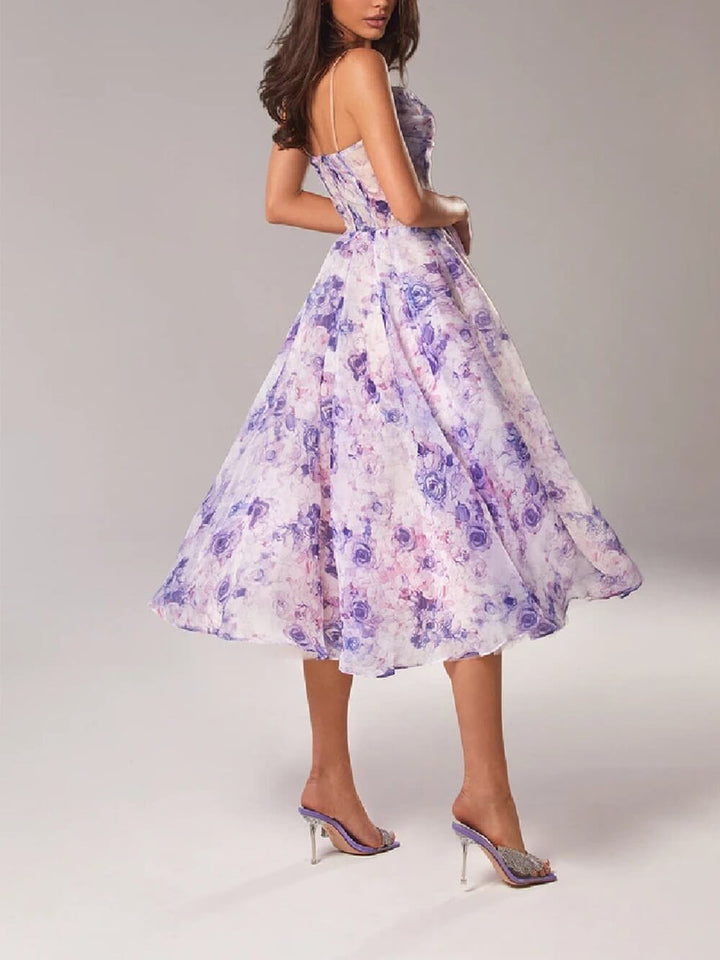 Effortless purple boho midi dress, women's spaghetti strap A-line summer style for comfortable casual wear.