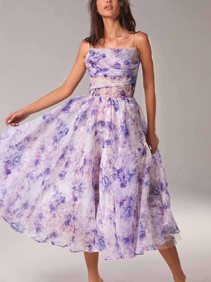Elegant pink boho midi dress for women, featuring spaghetti straps & an A-line cut. Ideal summer vacation dress.