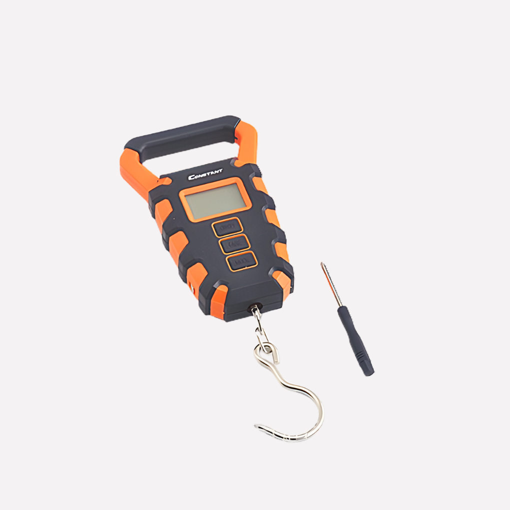 Portable digital fishing scale with hook, perfect for anglers to accurately weigh their catch outdoors. Heavy-duty design.