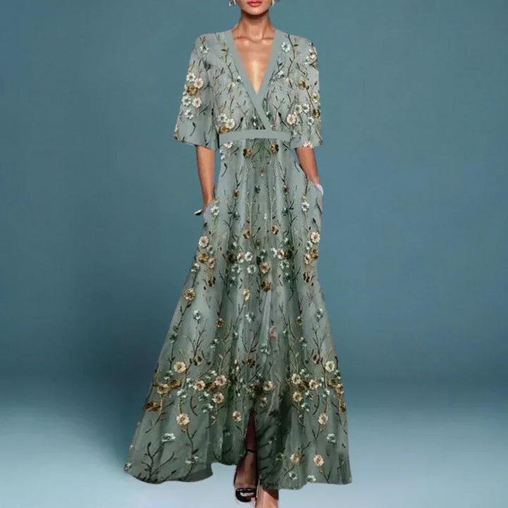 Elegant women's sage green floral V-neck maxi dress. Perfect for wedding guests, summer parties, or vacation. Flowy design.