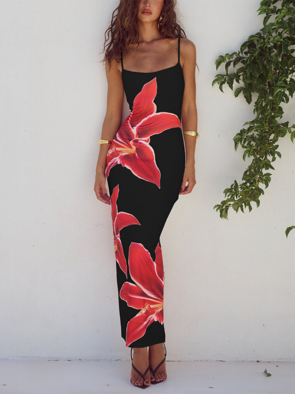 Vibrant floral print maxi dress for women, ideal for elegant summer & beach outings.