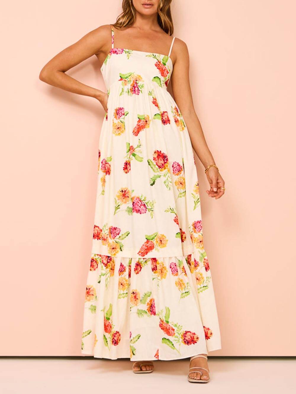Women's effortless open-back maxi sundress in beige, perfect for summer vacations and beachwear.