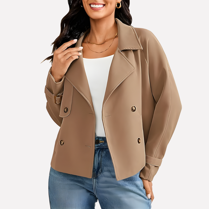 Stylish women's beige blazer jacket for casual wear. Comfortable outerwear for versatile everyday fashion.