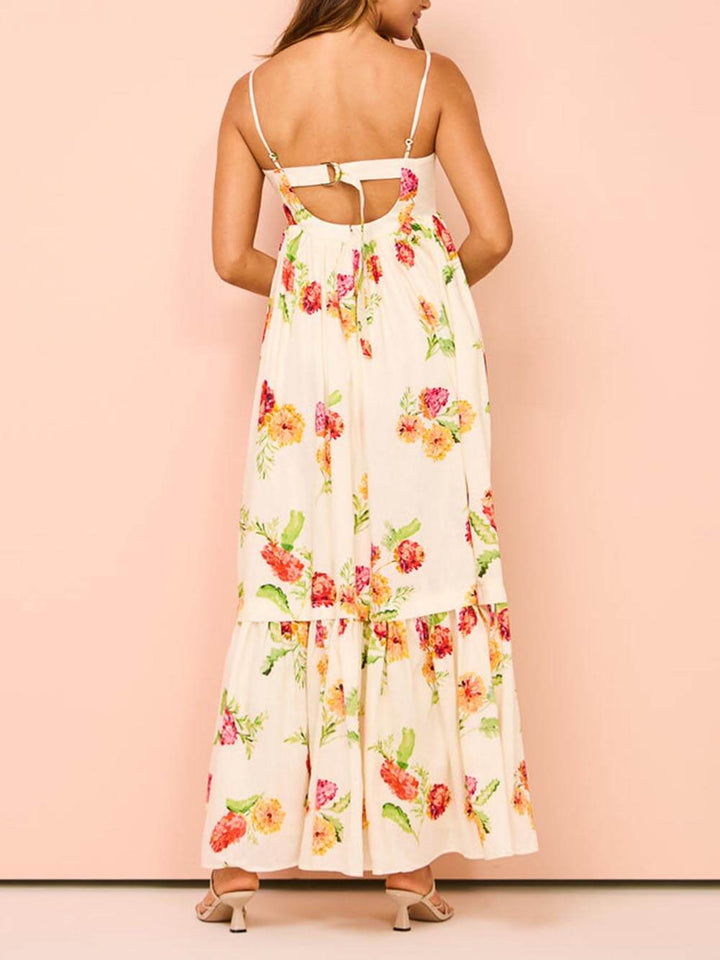 Elegant women's flowy beige maxi sundress with open-back, ideal for beach & casual summer days.