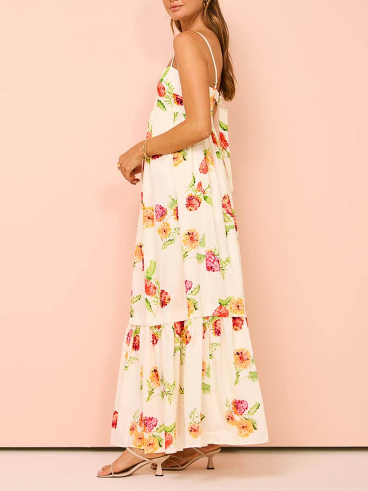 Casual women's summer beige maxi sundress with a stylish open back, perfect for beach and resort wear.