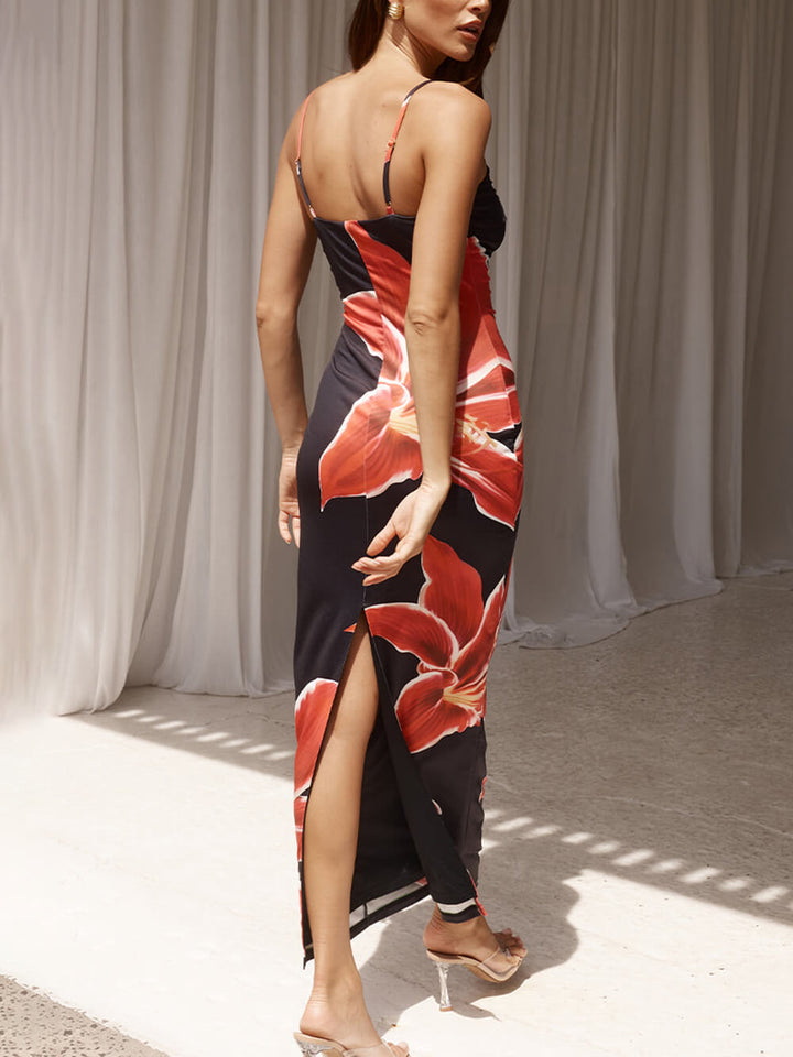 Woman wearing a stylish floral print maxi dress, perfect for summer, beach, or vacation.