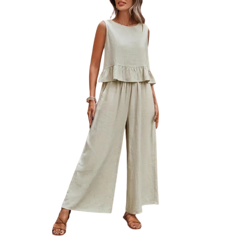 Women's two-piece set with a stylish ruffle tank top and comfortable wide-leg pants. Perfect for summer & spring casual wear.