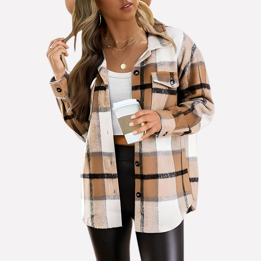 Relaxed fit women's plaid jacket, perfect casual outerwear & long sleeve layering piece.