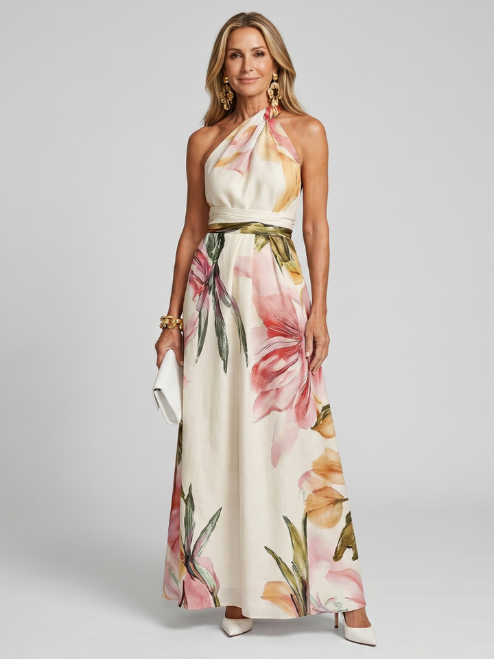 Women's halter maxi dress with flowing skirt, perfect for summer fashion & warm weather.