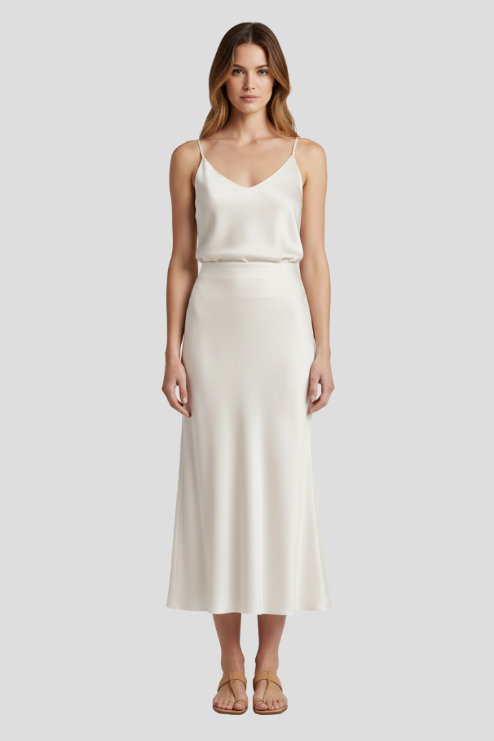 Chic white draped midi skirt for women, high waist design. Modern, elegant, versatile evening wear.