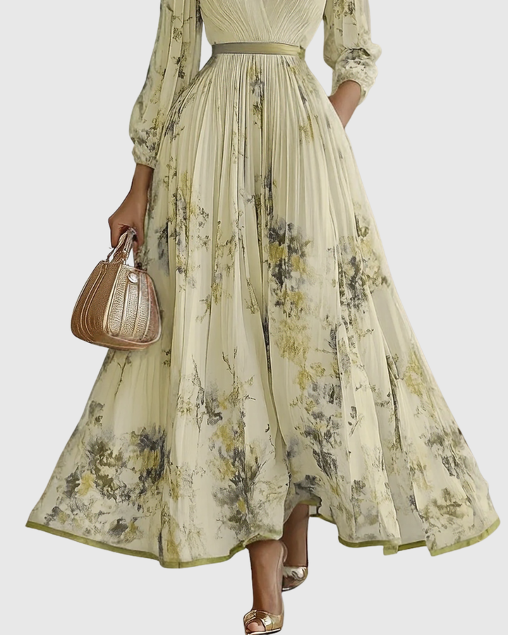 Chic women's V-neck pleated maxi dress, versatile for wedding guests, parties, or any elegant occasion.