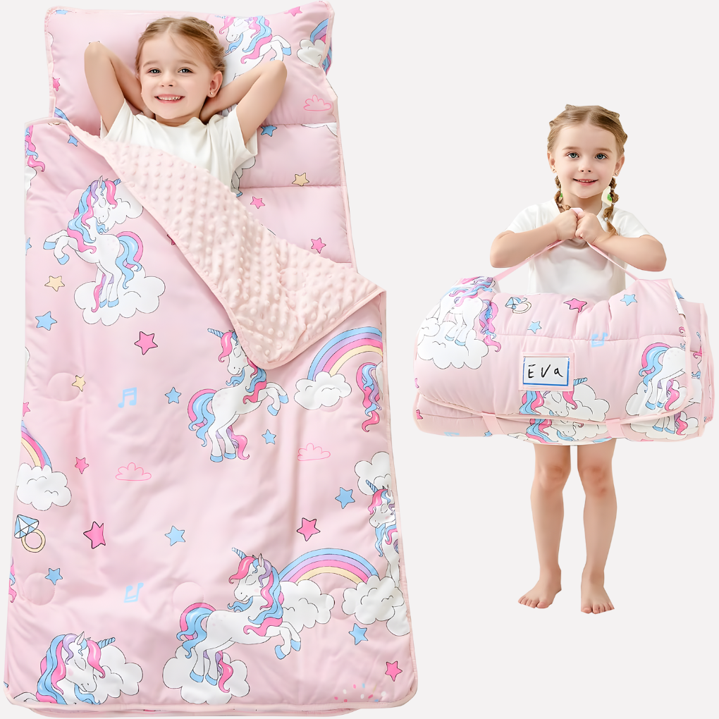 Soft toddler nap mat ensuring comfortable sleep with an attached pillow & cozy blanket. Perfect for naptime.