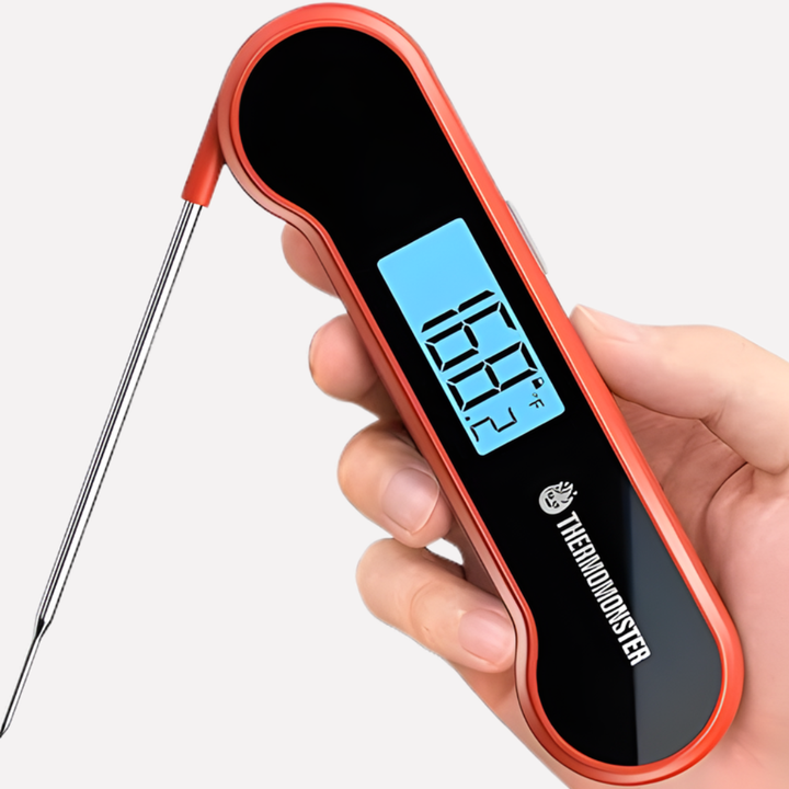 Red digital instant-read meat thermometer for accurate cooking, grilling, and baking. Essential kitchen tool.