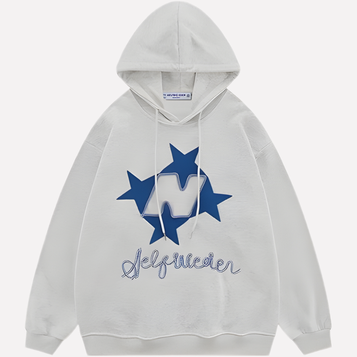 Relaxed fit women's oversized star graphic pullover hoodie. Long sleeve, casual and comfortable streetwear.