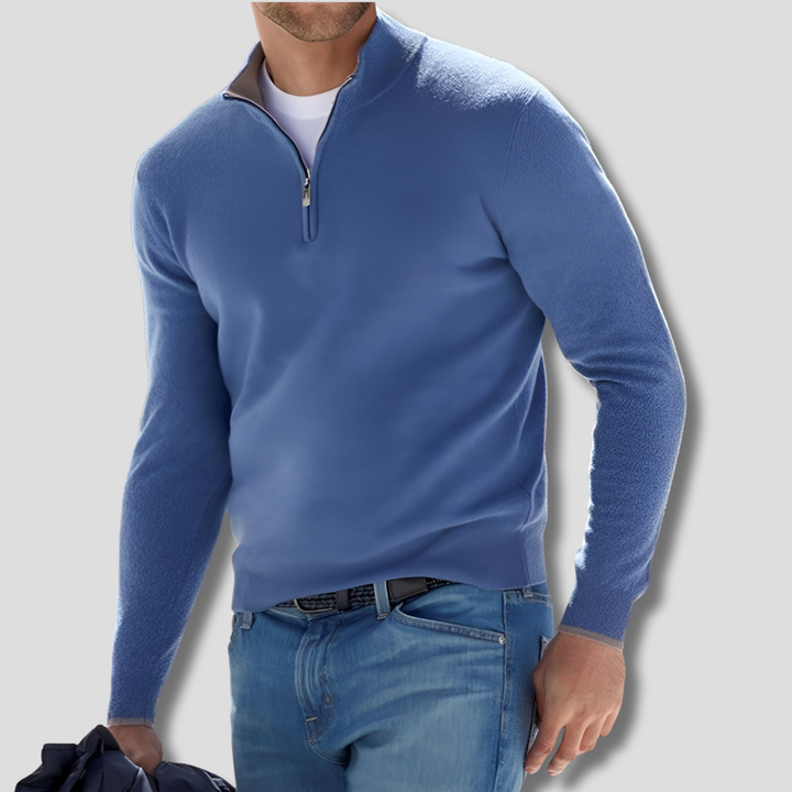 Soft touch men's long sleeve pullover sweater with zipper collar, providing ultimate casual style & comfort.