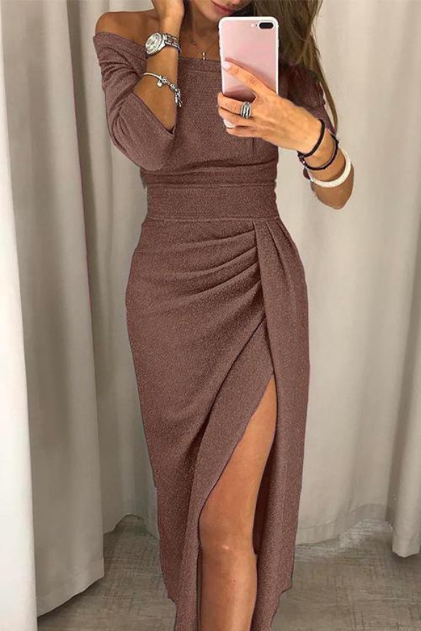 Elegant women's off-shoulder evening dress with a high split. Perfect for formal parties & galas.
