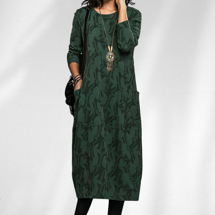 Elegant Lenora women's winter dress with crewneck & long sleeves, perfect for chic autumn fashion. Comfortable & versatile.