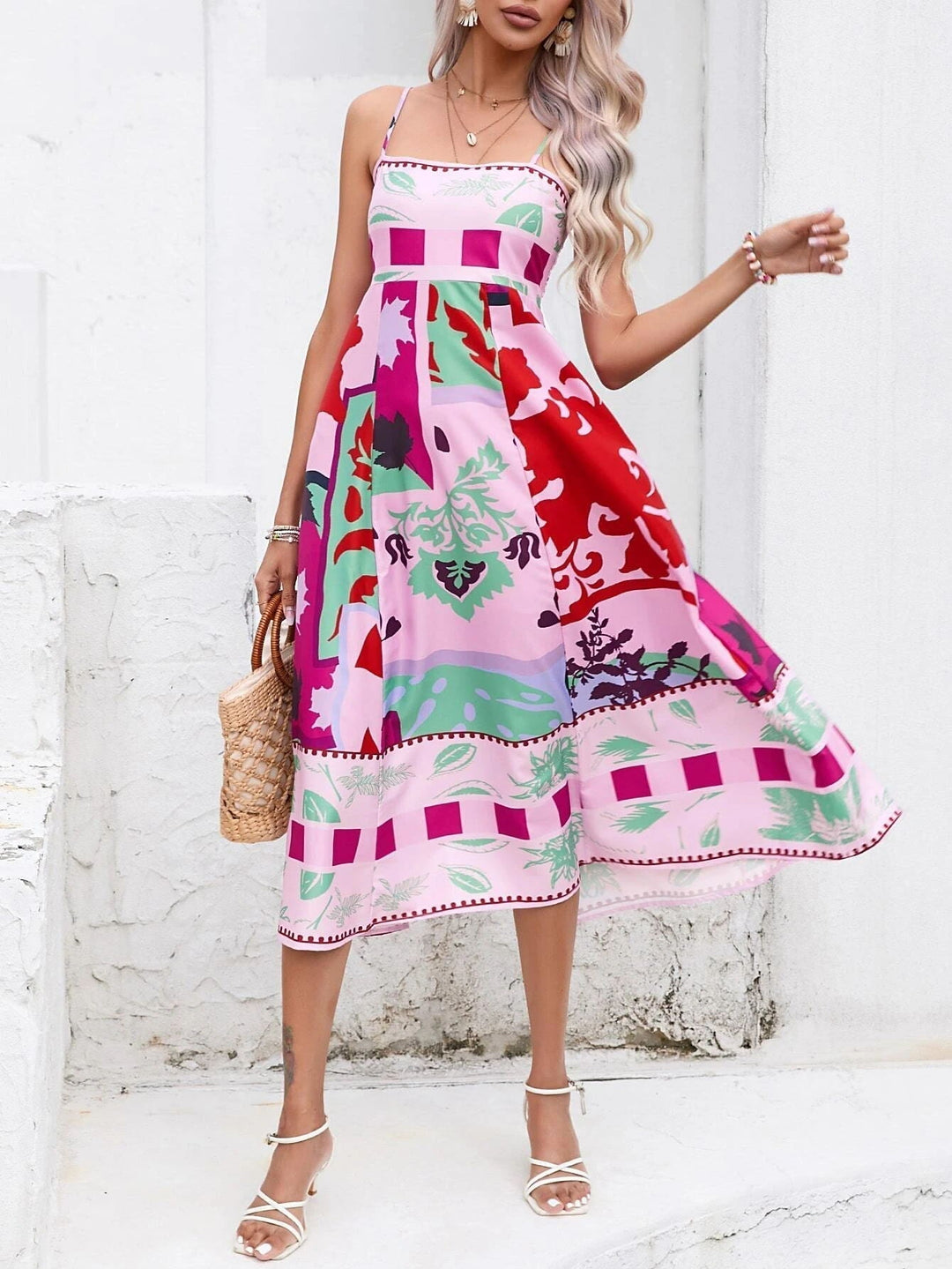 Elegant women's square neck boho midi dress, ideal for spring fashion, casual outings & beachwear.