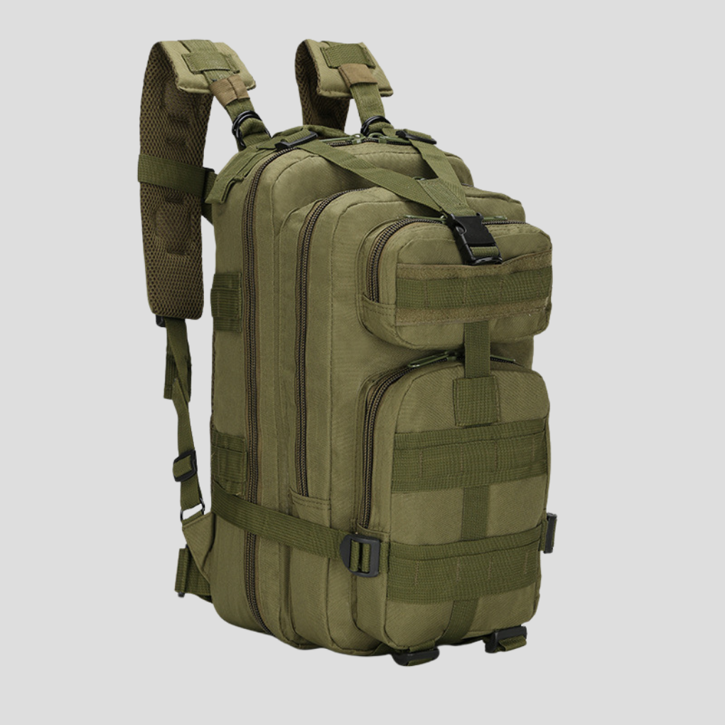 Unisex 30L outdoor adventure backpack with MOLLE system, durable nylon, ideal for hiking, camping & travel.