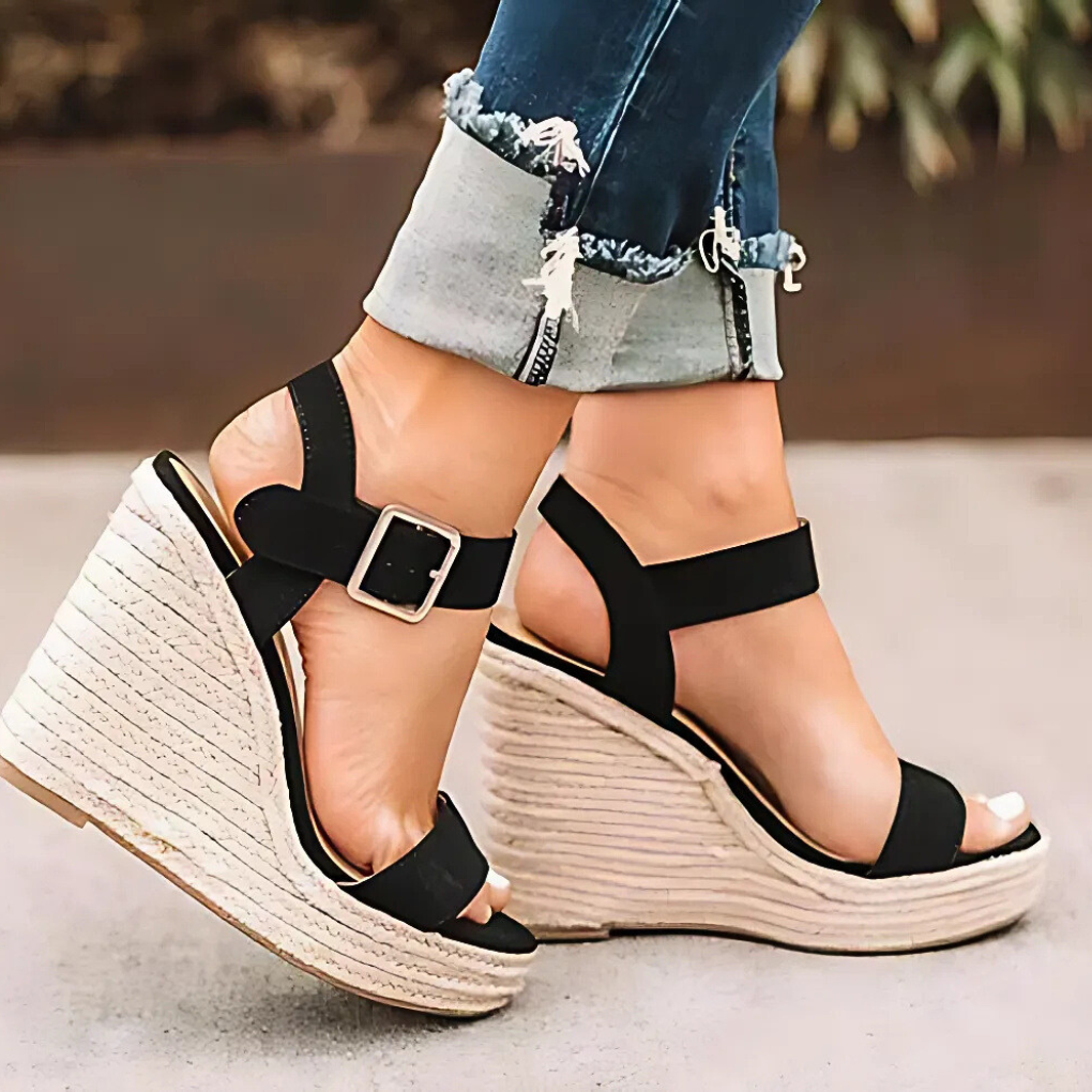 Women's casual T-strap wedge sandals with buckle closure, perfect for summer daily wear & chic style.