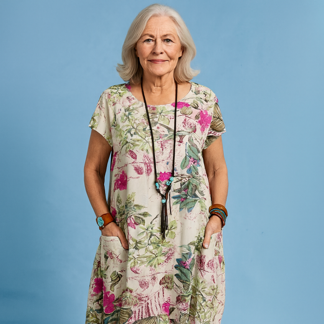 Versatile floral midi dress for women, with pockets, suitable for casual spring days or chic summer outings.