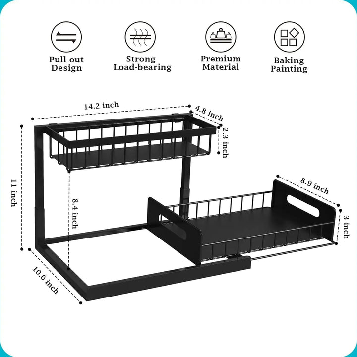 "2 tier slide out under sink organizer with L-shaped design, fits pipes, maximizes space, holds kitchen and bath essentials."