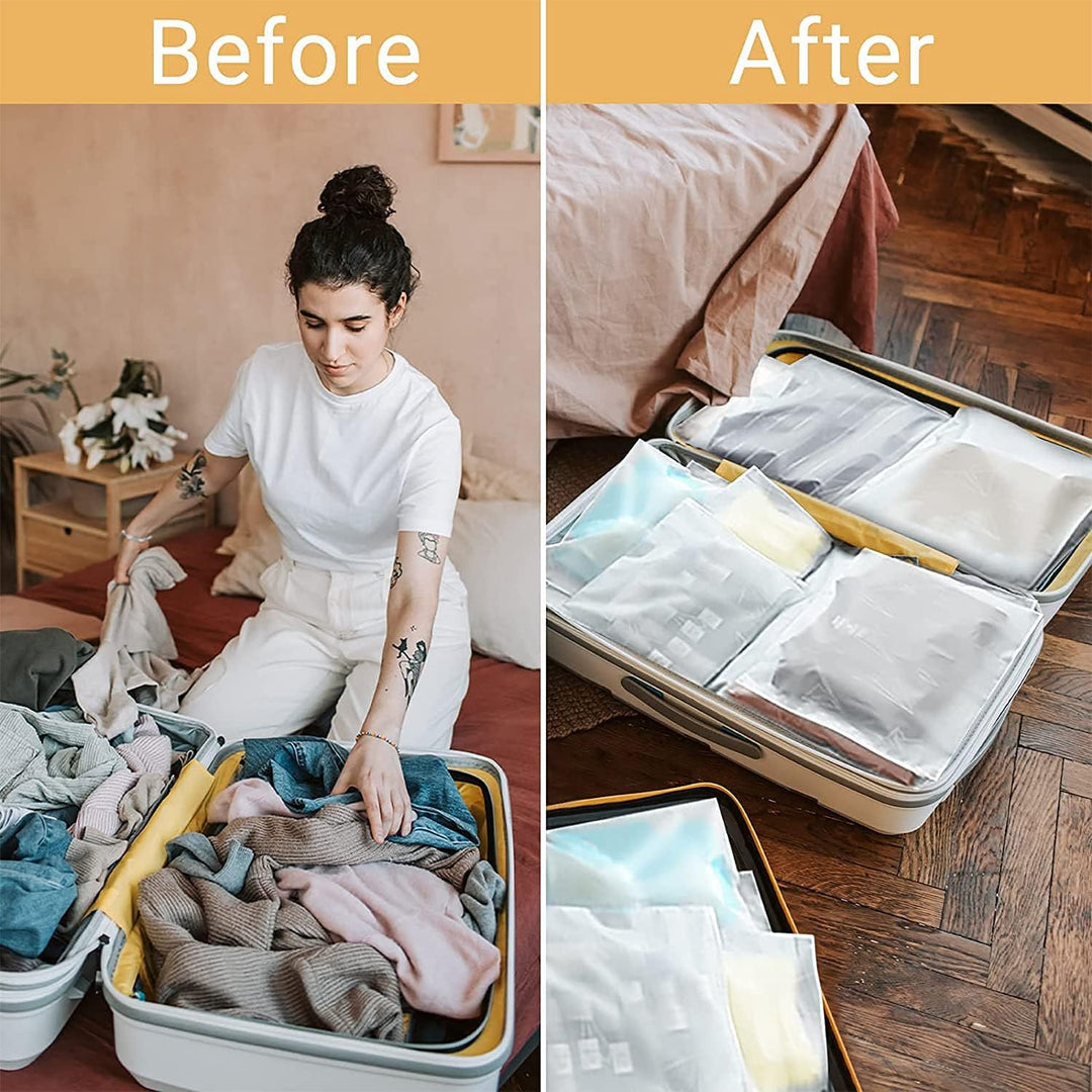 Multiple garments, like dresses & suits, protected in frosted zipper bags, perfect for packing & storage.