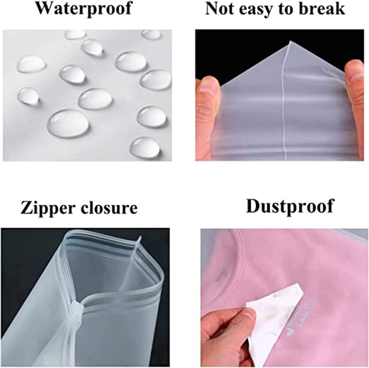 Detailed view of the robust zipper closure on a frosted garment storage bag, ensuring secure protection.