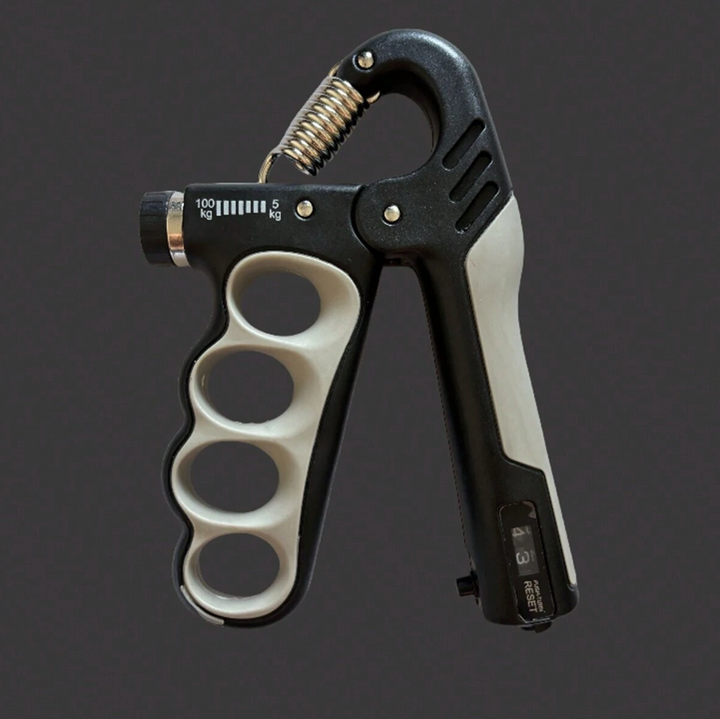 Digital counter grip trainer with adjustable resistance for effective hand, forearm, and arm strength development.