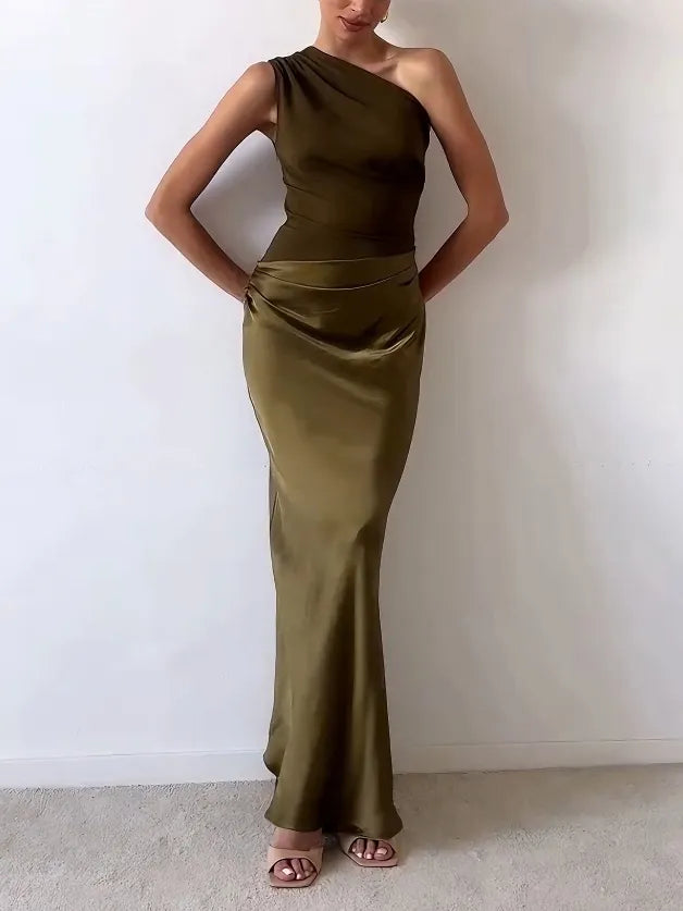 Elegant light blue women's asymmetric pleated maxi dress, a stunning formal evening wear option.