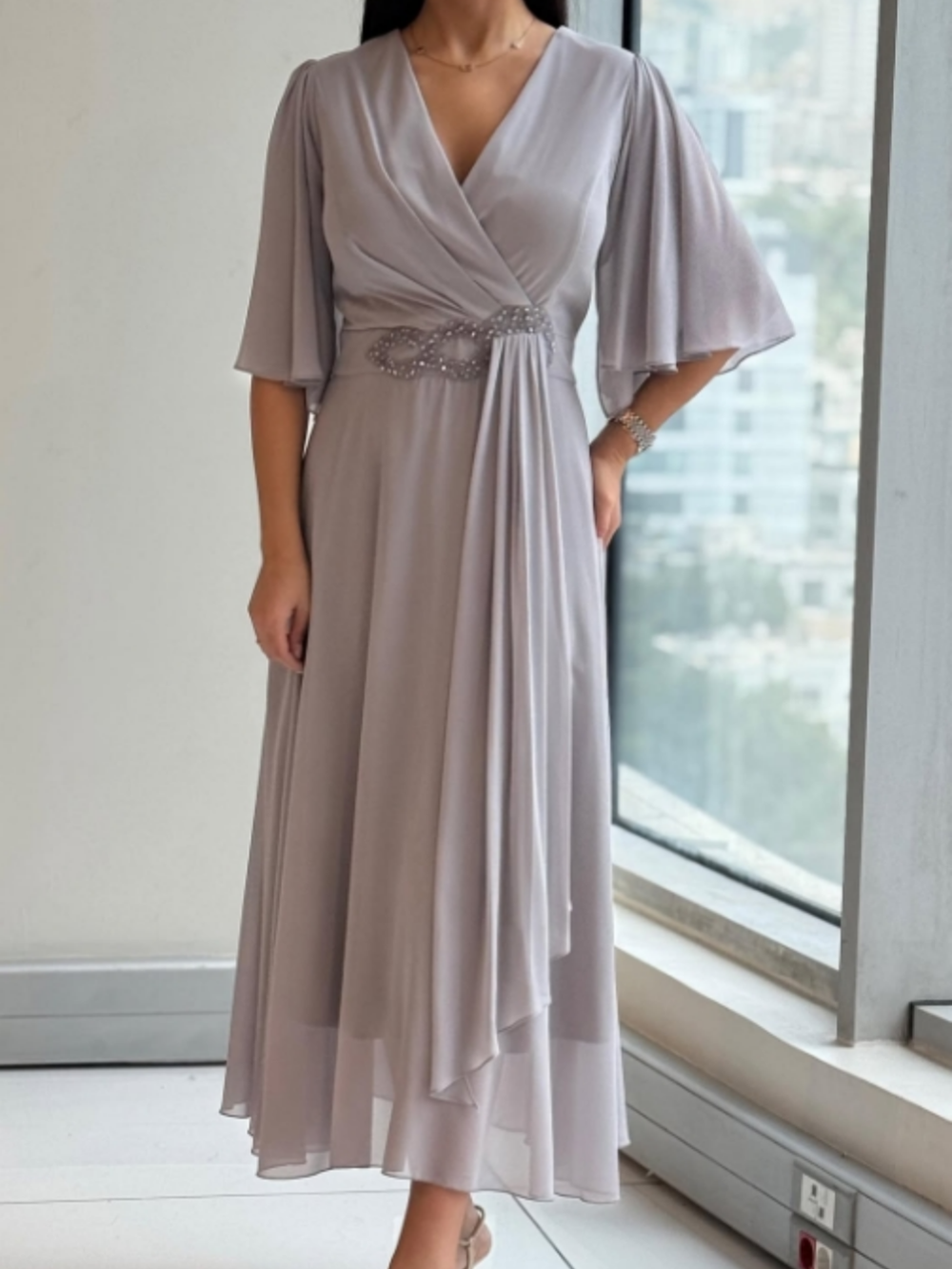 Women's V-neck maxi dress with flowy design & adjustable straps. Perfect comfortable summer casual wear.